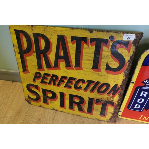 20 - Double sided enamel advertising sign for Pratt's Perfection Spirit (53.5cm x 45.5cm)