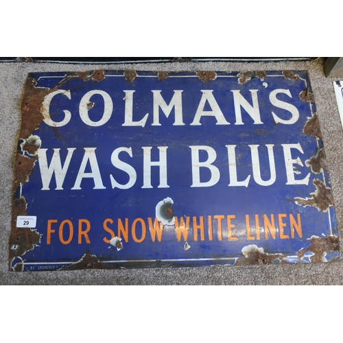 29 - Vintage enamel Colman's Wash Blue For Snow White Linen advertising sign (61cm x 41cm)