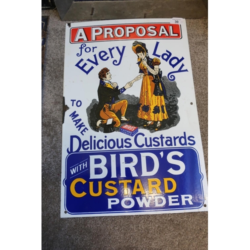 30 - Enamel advertising sign for Birds Custard Powder 'A Proposal For Every Lady To Make Delicious Custar... 