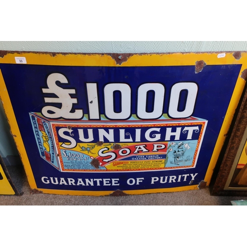33 - Enamel advertising sign for Sunlight Soap '£1000 Guarantee Of Purity' (91cm x 68.5cm)