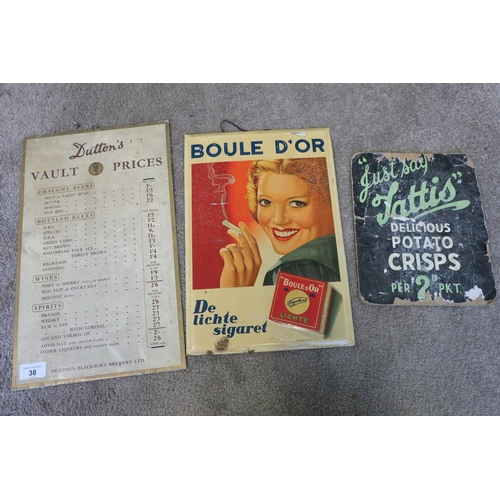 38 - Dutton's Vault Prices Blackburn Brewery April 1959 tin sign, tin Boule D'or advertising sign, and a ... 
