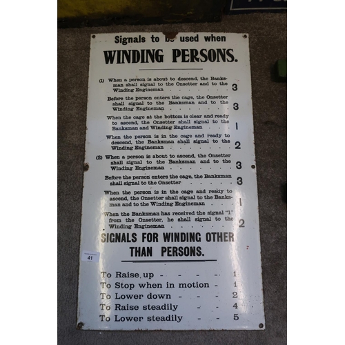 41 - Enamel mining sign 'Signals To Be Used When Winding Persons' (38cm x 66cm)