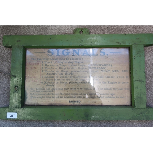 42 - Green painted framed Signals poster for mining (58.5cm x 37cm)