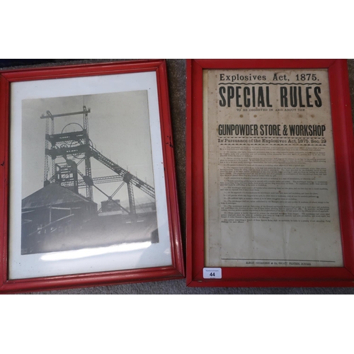 44 - Framed photographic print of a mine head and a framed Explosives Act 1875 Special Rules poster for G... 