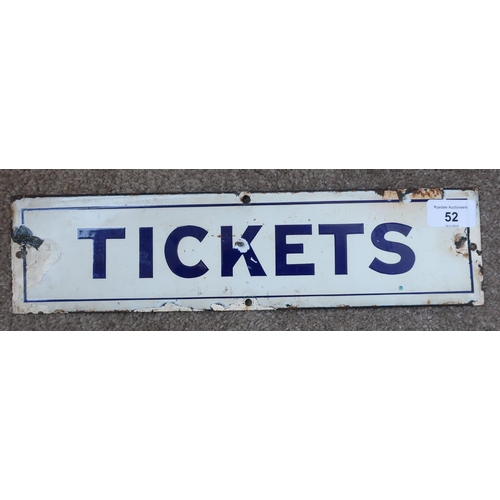 52 - Enamel blue on white Tickets sign (35.5cm x 9cm)