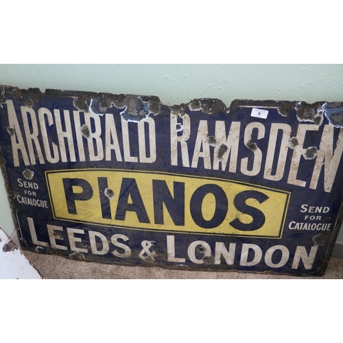 9 - Vintage enamel advertising sign for Archibald Ramsden Pianos, Leeds and London (107cm x 61cm)