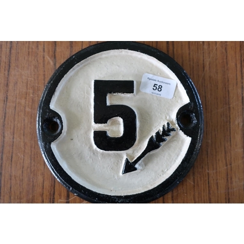 58 - Heavy cast metal circular black and white No 5 and arrow road sign