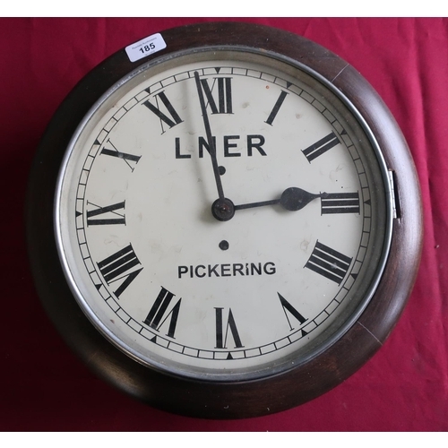 185 - Single fusee mahogany cased wall clock with later added transferred detail for LNER Pickering