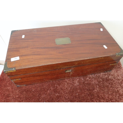 20 - Extremely large 19th C mahogany and brass bound travelling writing slope with part fitted interior (... 