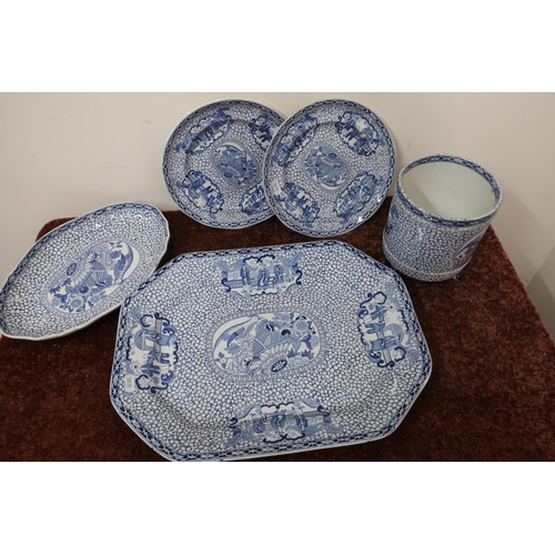 112 - 19th C William Adams pattern blue and white meat dish, pair of matching dinner plates and two other ... 