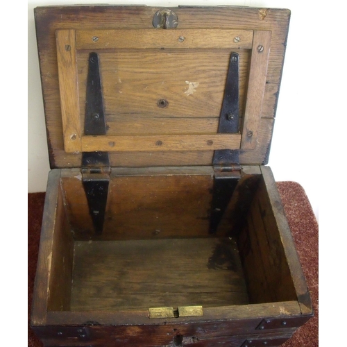 109 - Oak bank style cash/deed strongbox with metal strapwork detail and hinges, twin carrying handles and... 