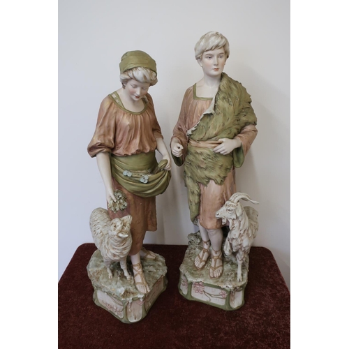 1 - Extremely large pair of Royal Dux figures of a Royal Dux couple, Shepherdess and the Goat Herder No.... 