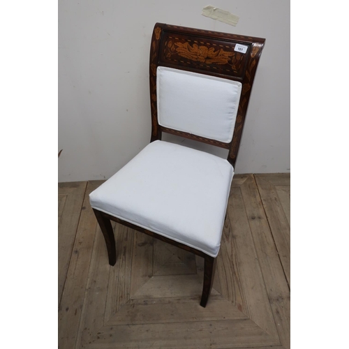 101 - Mahogany Italian style marquetry inlaid dining chair with upholstered seat and back and inlaid panel... 