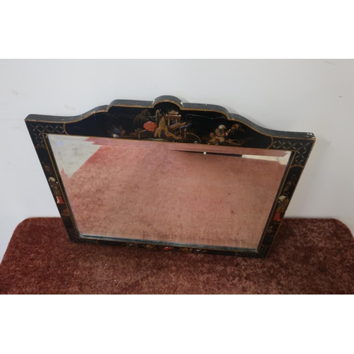 118 - Circa 1920s chinoiserie rectangular dressing table mirror with bevelled edged mirrored panel and eas... 