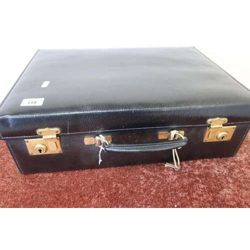 119 - Mappin & Webb black leather travelling vanity case with outer weather cover and fitted interior with... 