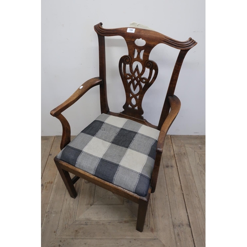 135 - 19th C mahogany framed armchair with carved and pierced splat, and drop-in upholstered seat with H s... 