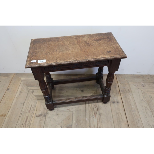 136 - Oak joint type stool with carved detail (52cm x 26cm x 48cm)