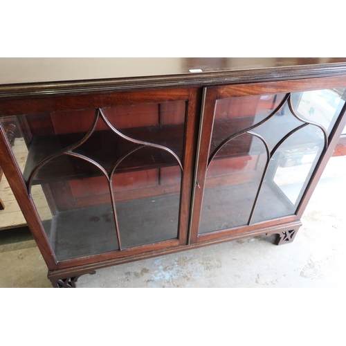 138 - Early - mid 20th C mahogany cabinet enclosed by two glazed doors (134cm x 38cm x 105cm)