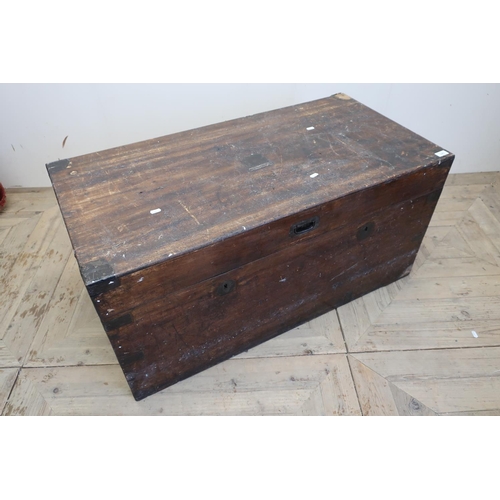 141 - Late 19th C camphor wood travelling trunk with hinged lift up top with metal reinforced corners and ... 