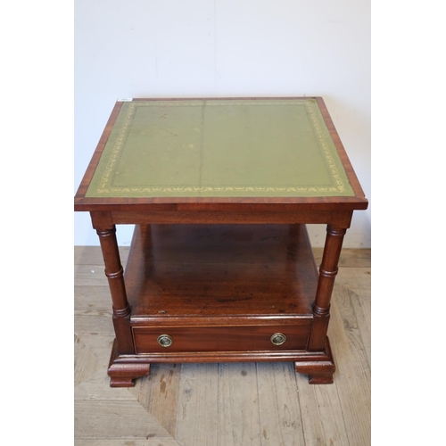 145 - Quality mahogany two tier occasional table with tooled green leather inset top and single drawer to ... 