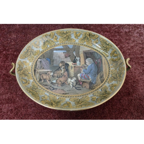 154 - Prattware oval twin handled serving tureen with oak leaf and acorn border and central panel of piper... 