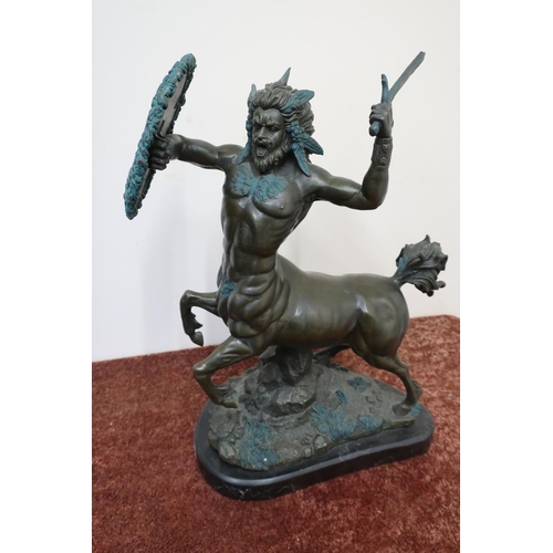 158 - Modern bronze figure of a Centaur with sword and oval snake entwined shield, mounted on marble base ... 