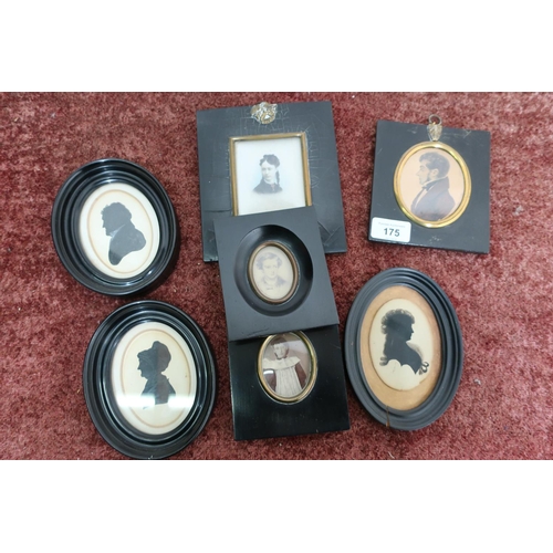 175 - Collection of seven assorted 19th C portrait miniatures with ebonised frames including three silhoue... 