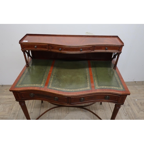 176 - Superb quality reproduction mahogany serpentine front ladies writing desk with raised back with thre... 