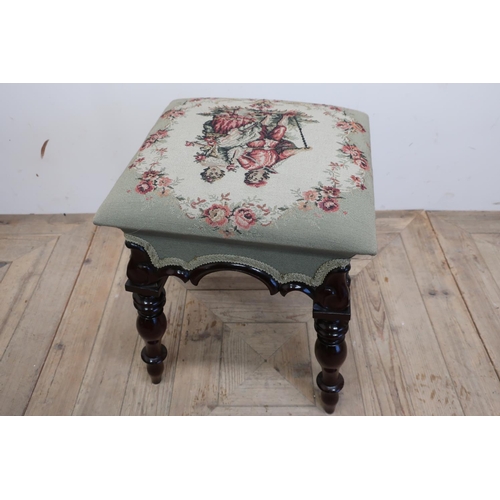 181 - Victorian mahogany four legged square top dressing table stool with needlework upholstered top, on c... 