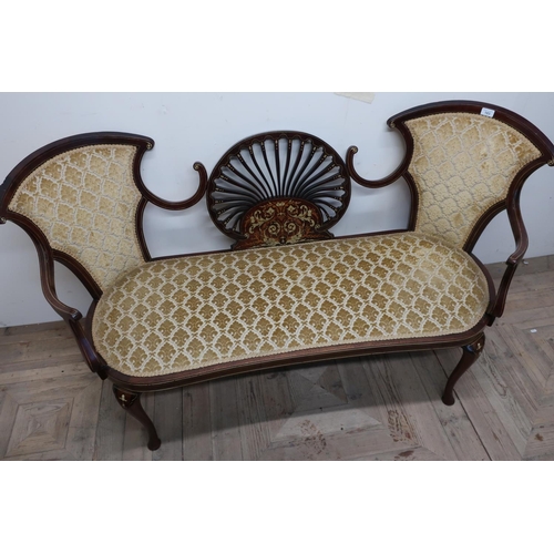 183 - 19th C mahogany inlaid three seat settee with upholstered seat and two back panels with central pier... 