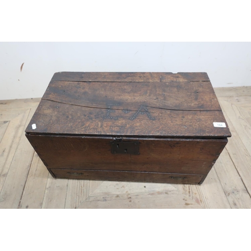 184 - 18th C oak box with hinged lift up lid with traces of studied detail E.A, with single drawer to the ... 