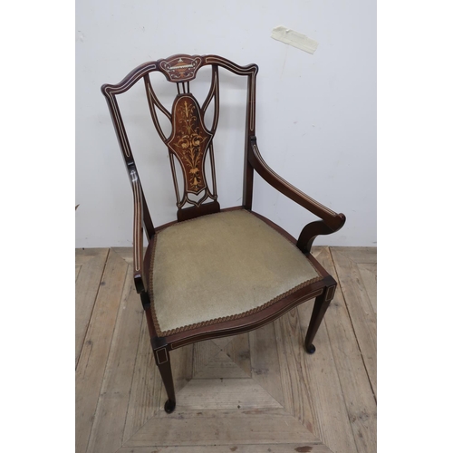 186 - 19th C rosewood inlaid armchair with upholstered serpentine front seat and pierced back splat with e... 