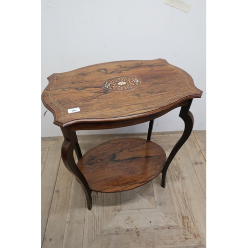 187 - Victorian rosewood inlaid two tier occasional table with central inlaid panel (61cm x 41cm x 70cm)