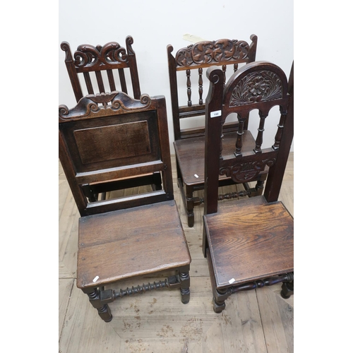 190 - Early 19th C oak panel back dining chair with solid plank seat and turned supports, and three later ... 