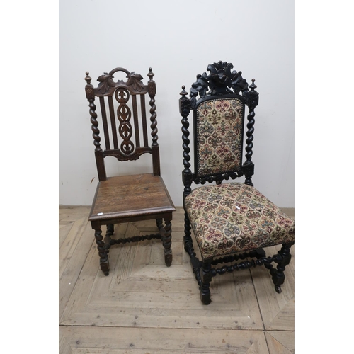 192 - Carved dark oak dining chair with upholstered seat and back panel on barley twist supports, the cres... 