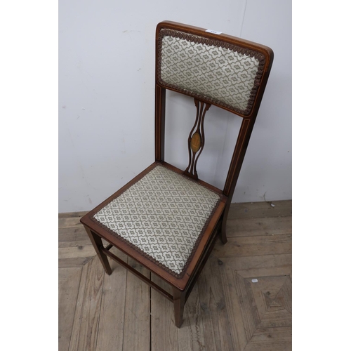 193 - Edwardian mahogany inlaid chair with upholstered seat and back panel with inlaid pierced back splat ... 