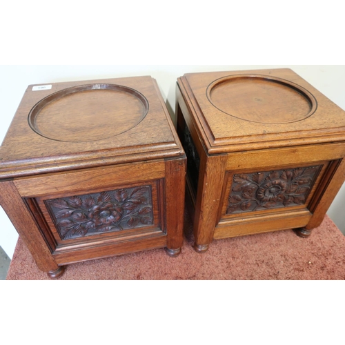 196 - Pair of mahogany vase stands of square form with recessed circular panel to the top and three carved... 