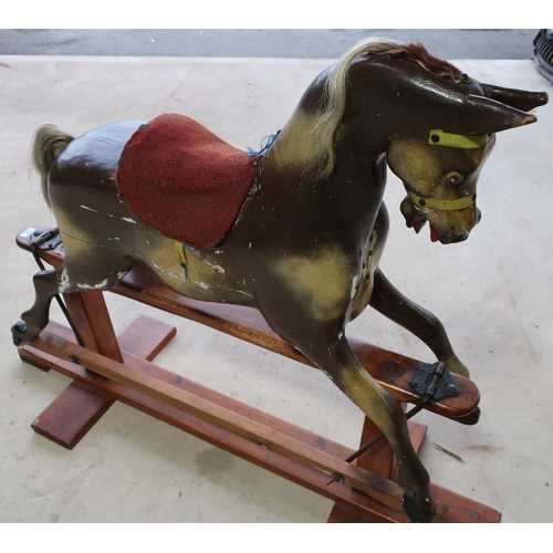 197 - Carved wood rocking horse on pine wood base with painted detail