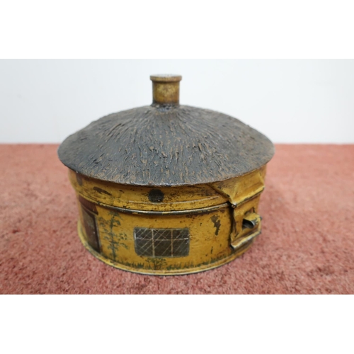 200 - Rare and large 19th C painted spice tin incorporating nutmeg grater in the form of a circular cottag... 