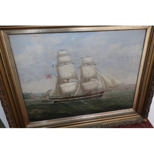 255 - 19th C gilt framed oil on board twin masted ships portrait leaving harbour scene (possibly Whitby ha... 