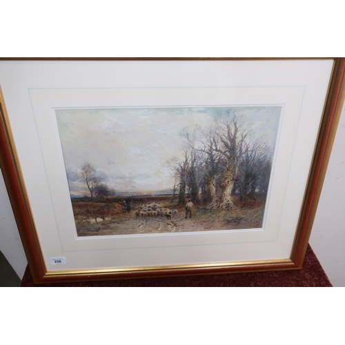 258 - Gilt framed and mounted watercolour of sheep and shepherd at woods edge by W. Mahhers 1914 (71cm x 5... 