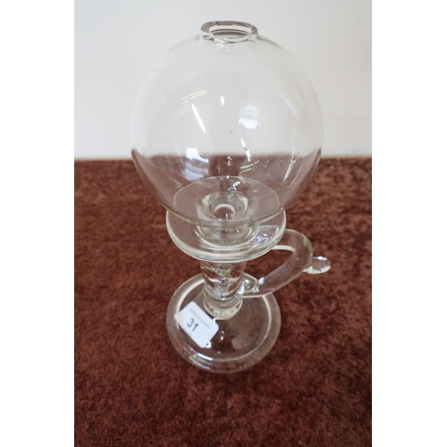 31 - 19th C glass lace makers oil lamp with circular base, loop handle, rib column and glass globe (heigh... 