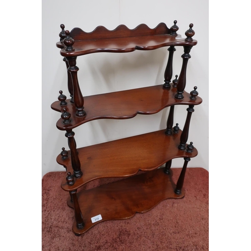 310 - 19th C mahogany three tier shelf unit on turned supports (49cm x 65cm)