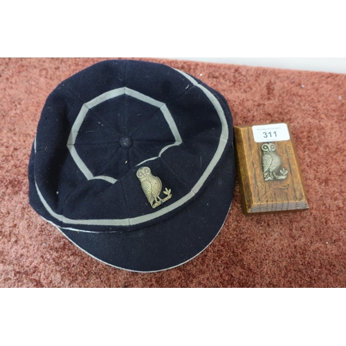 311 - Early 20th C Sporting Team cap by Henry Barrie Ltd, Manchester with white metal owl cap badge and si... 