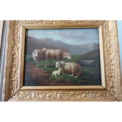 314 - Early 19th C oil on board painting of sheep in mountainous scene in gilt frame, the reverse of the b... 