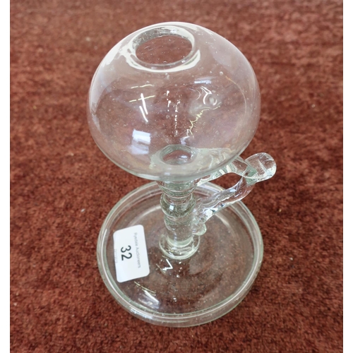 32 - Small Georgian glass lace makers oil lamp with circular base, loop handle, and small flattened globe... 