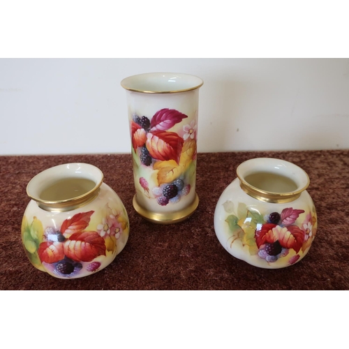 40 - Group of three Royal Worcester vases, including a pair of No. 158 vases with still life blackberry p... 