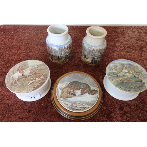 45 - Group of Prattware comprising of two pots with pot lids for the `Master of the Hounds' `Pegwell Bay ... 