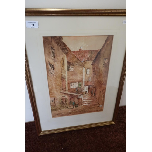 53 - Framed and mounted watercolour of 'Argument Yard, Whitby' by E. Meiril? (43cm x 56cm)