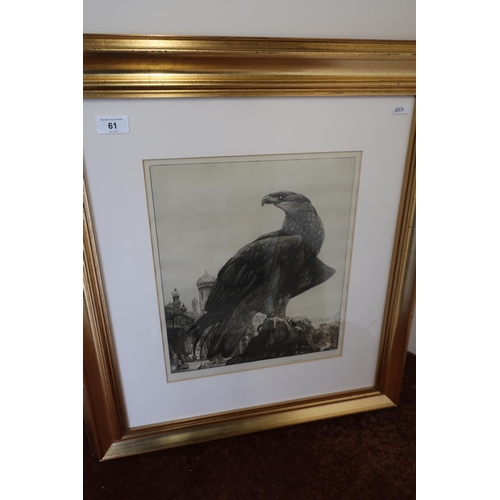 61 - Framed and mounted engraving of a large falcon in Middle Eastern scene, signed E.J. Detinoldy? (60cm... 